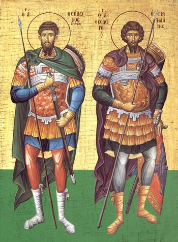 Orthodox icon of Saints Theodore the Great Martyrs of Christ, Saint Theodore the Commander and Saint Theodore the Recruit